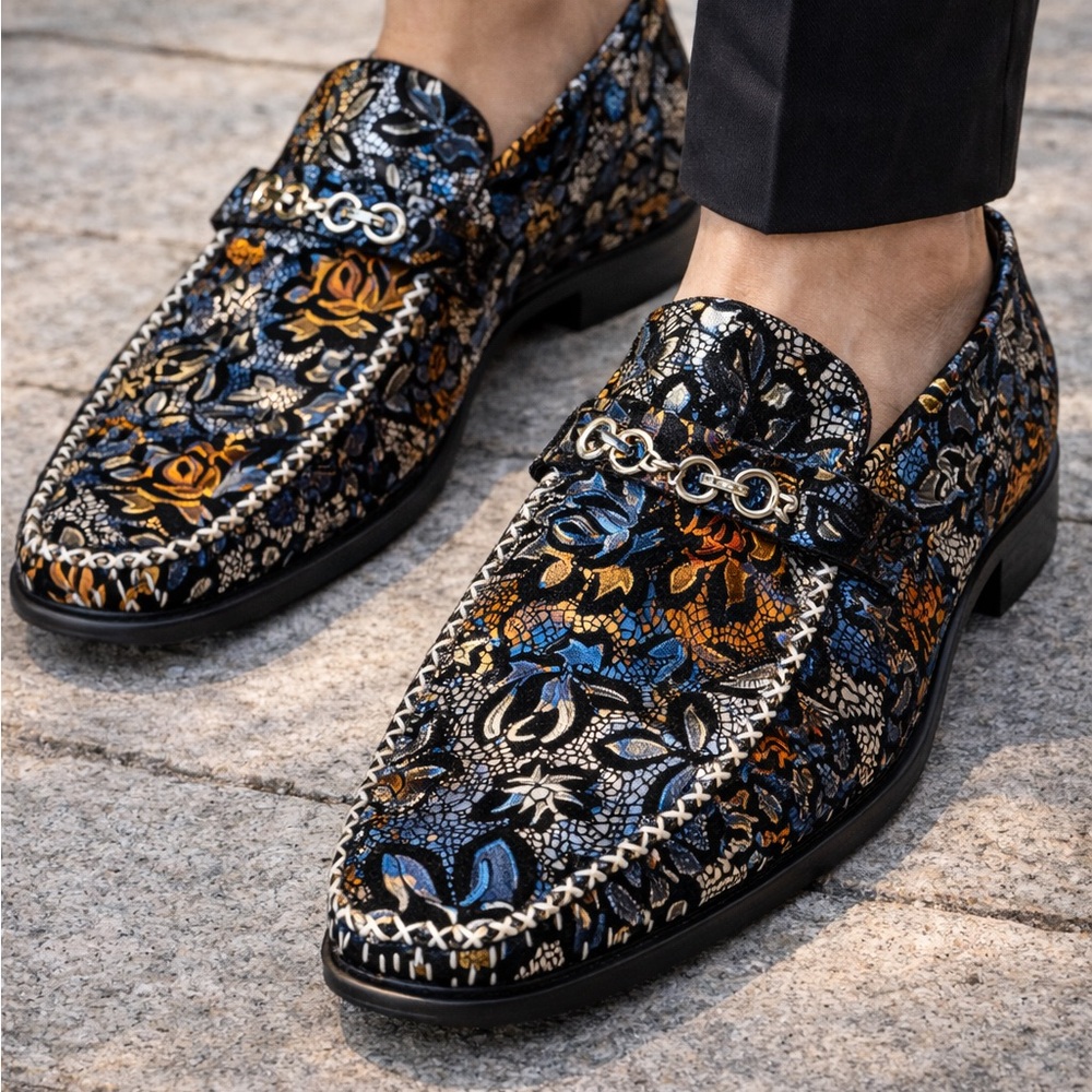 Zota Unique Men’s Metallic Floral Brocade Chain Loafers Size 10